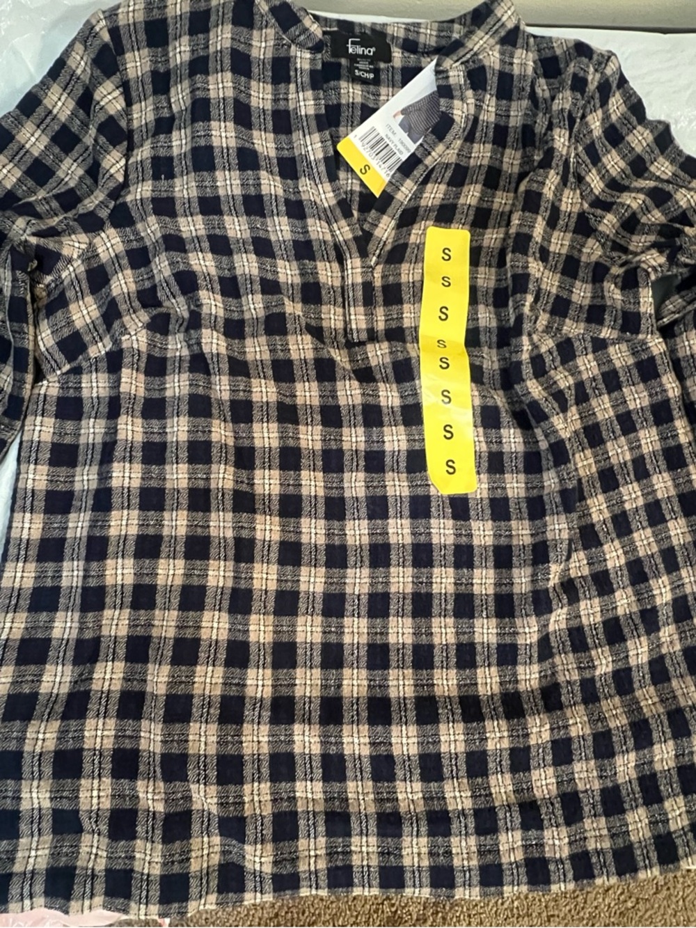 Felina Navy and Tan Plaid V-Neck Top